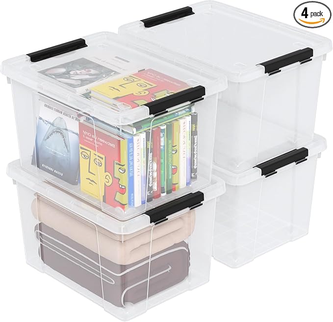 50 Quart Clear Latching Storage Box Bins, 4 Packs, Large Plastic Storage Boxes with Wheels