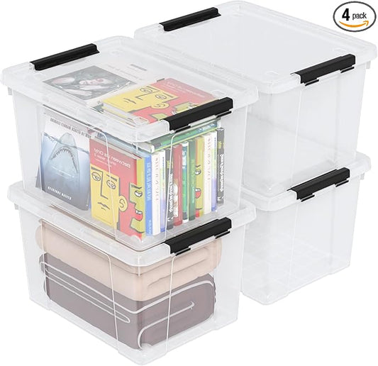 50 Quart Clear Latching Storage Box Bins, 4 Packs, Large Plastic Storage Boxes with Wheels