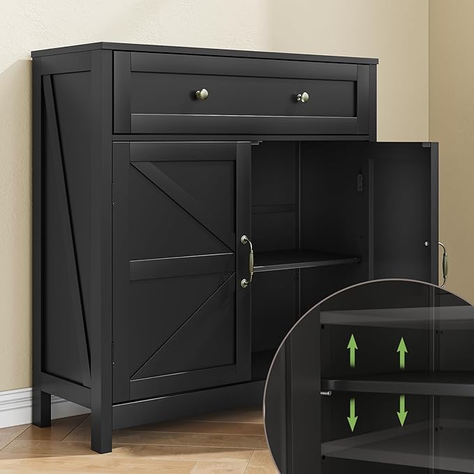Mino Kesper Buffet Sideboard with 2 Barn Doors,Black Kitchen Cabinet with Adjustable Shelf, Freestanding Floor Storage Cabinet