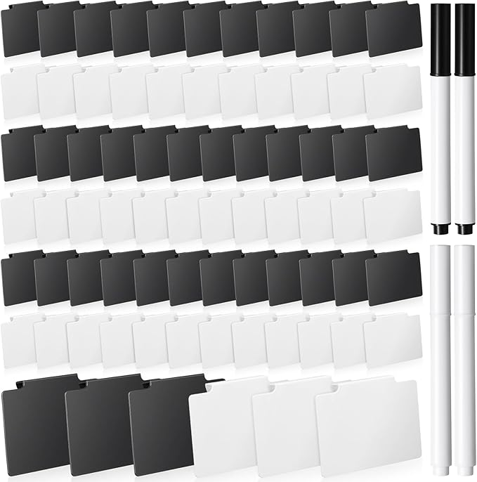 Chinco 80 Pcs Basket Label Clips Set Include 76 Removable Kitchen Clip Label Holder PVC Storage Bin with 4 Chalk Markers for Basket Kitchen Pantry Organization (White Black Clip, White Black Pen)
