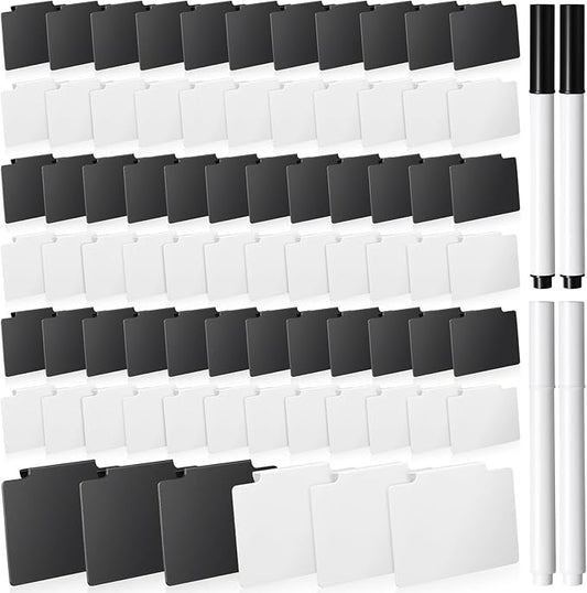 Chinco 80 Pcs Basket Label Clips Set Include 76 Removable Kitchen Clip Label Holder PVC Storage Bin with 4 Chalk Markers for Basket Kitchen Pantry Organization (White Black Clip, White Black Pen)