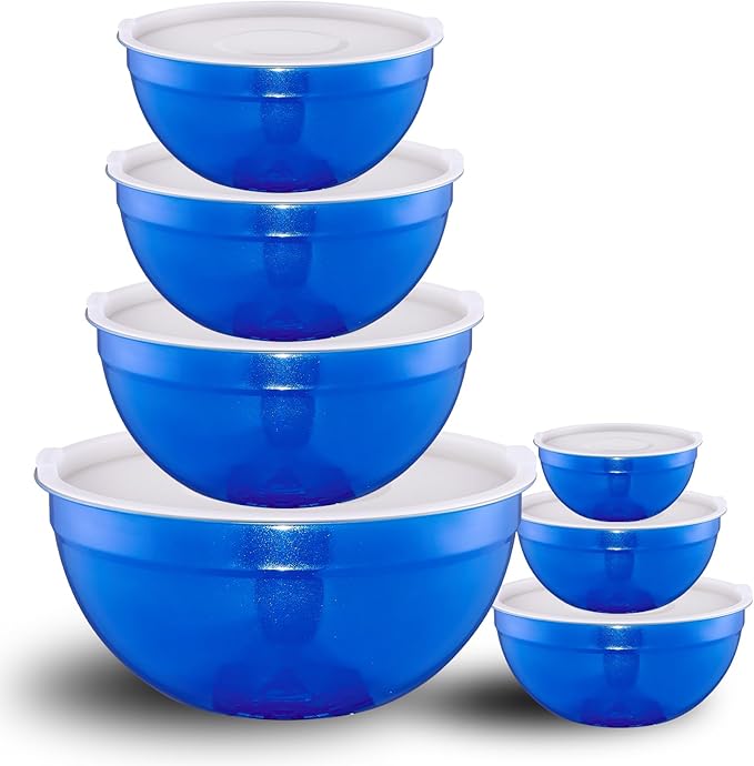 LKTDYMEG Blue Mixing Bowls with Lids Set of 7, Stainless Steel Nesting Bowl with Khaki Lid for Non-slip Mixing Prepping Storing Serving, 7 Sizes-7/3.6/2.7/2.1/1.5/1/0.8 QT