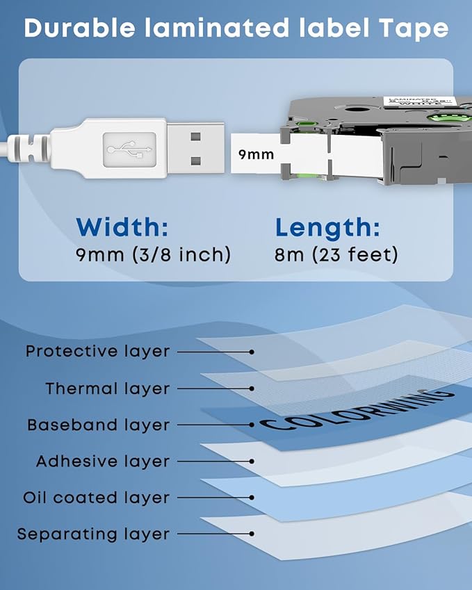 COLORWING TZe-221 TZ Tape 9mm 0.35" Laminated White Replace for Brother P Touch Label Tape 3/8" TZe221 for Brother Ptouch PT-D210 D220 H110 H103W D410 D600 1890 Label Maker, 5-Pack