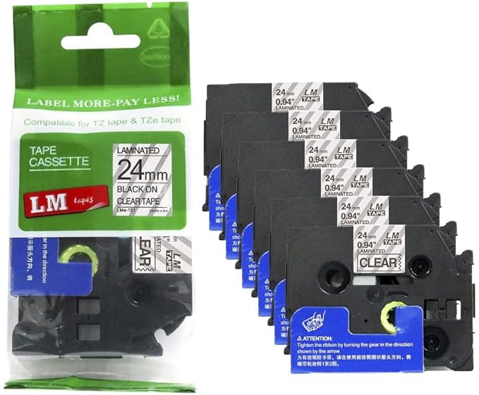 6/Pack LM Tapes - LMe-151 Premium 1" Black Print on Clear Label Compatible with Brother TZe-151 P-Touch and Includes Tape Color/Size Guide. Replaces TZ151 24mm 0.94 Laminated