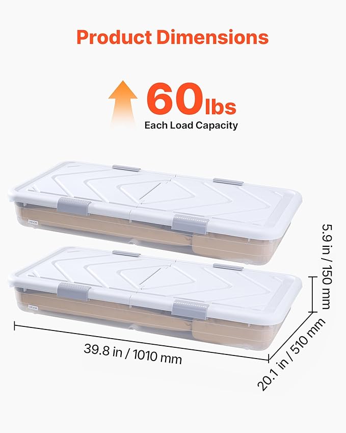 VEVOR Under Bed Storage with Wheels, 39.8 x 20.1 x 5.9 inch Underbed Containers, Underbed Shoes Organizer with Lid & Gray Latch, Rolling Under the Bed Storage Bins for Clothes Shoes Blankets, 2 Pack