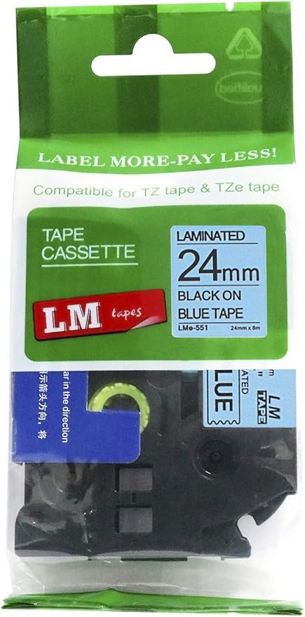 1/Pack LM Tapes - LMe551 Premium 1" Black Print on Blue Label Compatible with Brother TZe-551 P-Touch and Includes Tape Color/Size Guide. Replaces TZ-551 24mm 0.94 Laminated Ptouch.