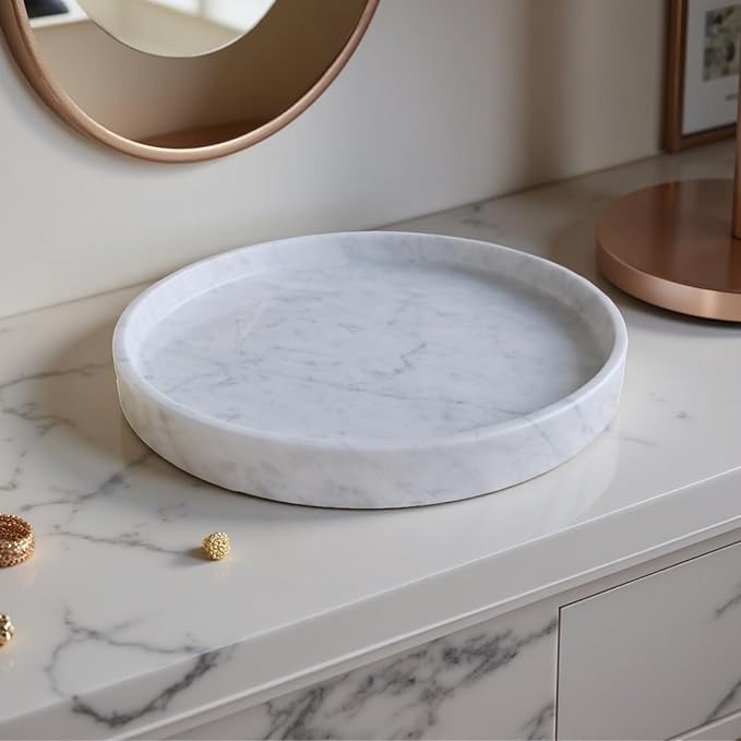 Apasqro Carrara White Marble Tray Round 10 Inch, Natural Stone Perfume & Dessert Tray, Elegant Serving & Display Plate for Home, Vanity, 2 cm Deep, Non-Slip Base