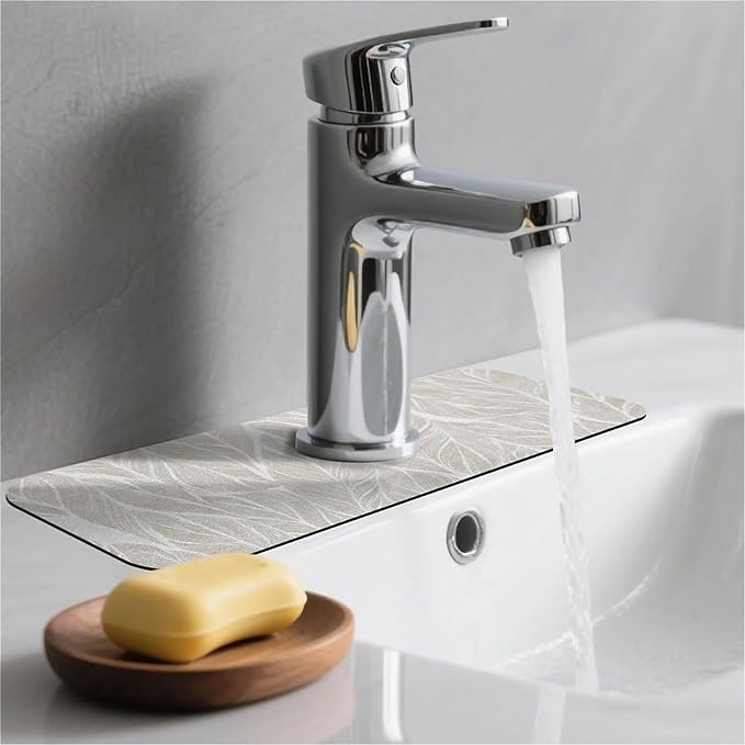 Kitchen Sink Splash Guard，White and beige leaf Faucet Mat Sink Gadgets-Super Absorbent Fast Drying Mat Drip Catcher for Kitchen, Bathroom,Sink Mat, Dish Drying Mat, Bathroom(15" X 5.5" )