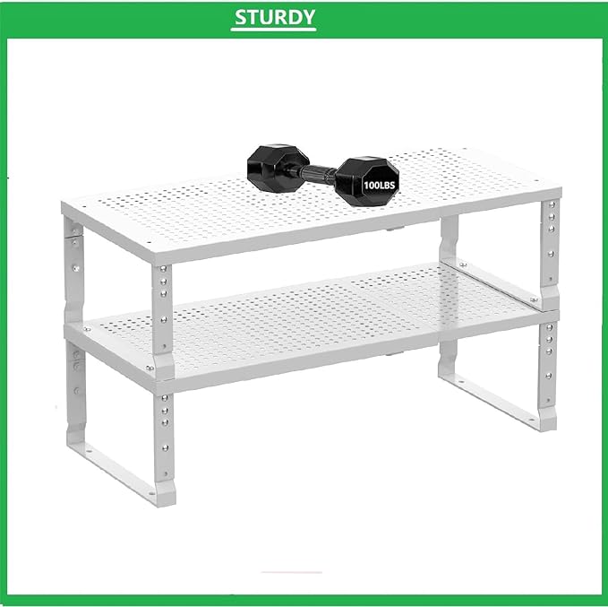 Asiingkel Metal Stackable Expandable Storage Shelf - Multi-Functional Home Storage Shelf, Suitable for Kitchen, Cabinet，Bathroom, Office, Garage, etc.（2PACKS/White/Medium