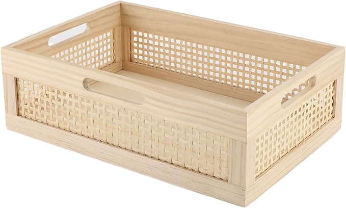 YRMT Wooden Baskets Shallow Wood Storage Basket Crate with Handles Decorative Storage Bins Organizer Rustic Farmhouse Countertop Basket for Shelves,Pantry,Kitchen