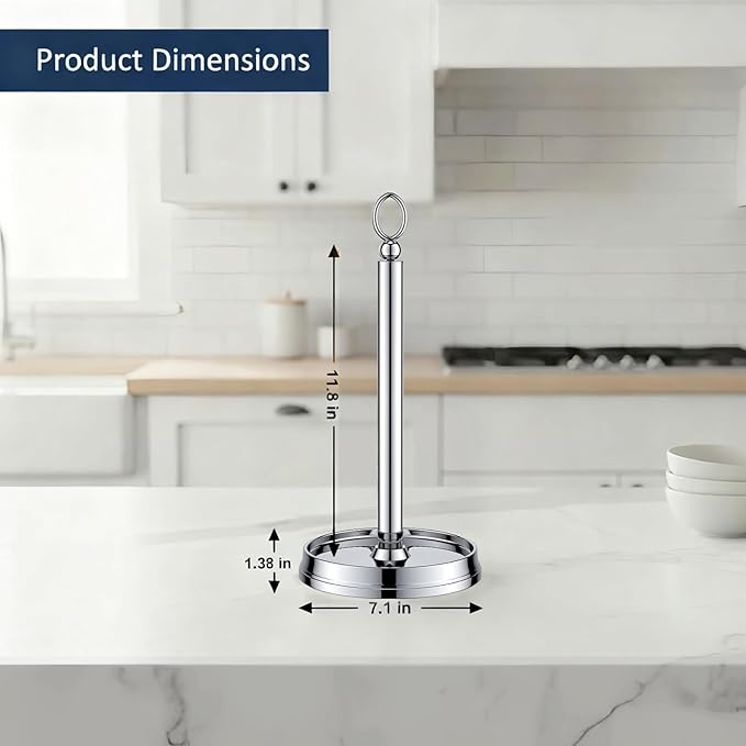 KASUNTO Paper Towel Holder (with Heavy Weighted Base) Steel Paper Holder countertop，Black Paper Towel Holder for Kitchen Countertops, Bars & Dining Tables,Fits Standard & Jumbo Rolls,Chrome