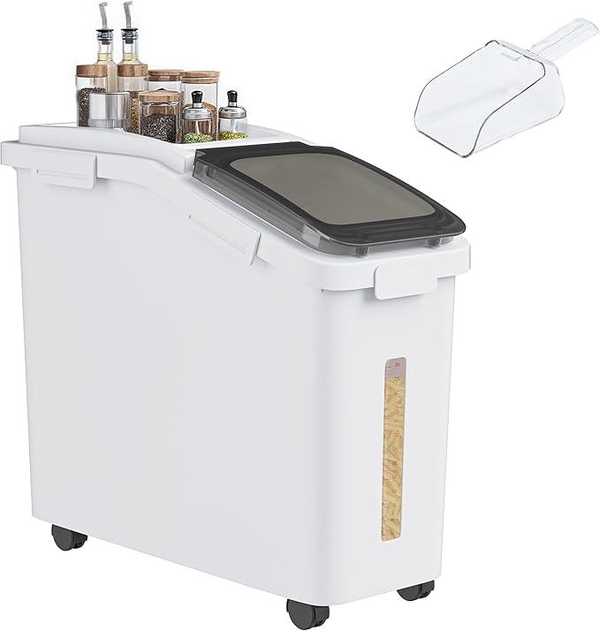 YITAHOME Large Flour Storage Container Ingredient Bins, 11.4-Gallon Rice Food storage Containers Bins with Wheels, Scoop and Airtight Lid for Bulk Rice, Cereal Grain, Sugar, White