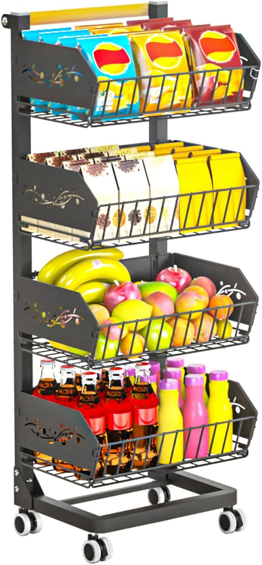 Heavy 4-Tier Snack Cart with Wheels ，Removable Rolling Pantry Floor Organizers ，Upgraded Wider and Thicker, Kitchen Fruit Basket Stand and Storage Rack for Fruit Snack Onion Potato