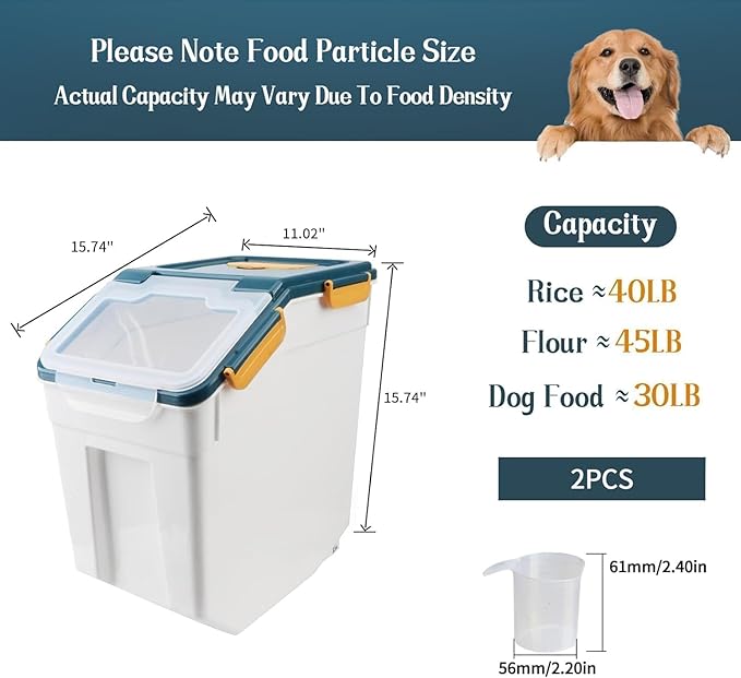 Flour Containers, Set of 2 50 lbs Large Rice Storage Container with Measuring Cup & Scoop, BPA Free Rice Dispenser, Cereal & Dry Food Bin, Kitchen Organizer for Beans, Oatmeal and Grains - Dark Blue