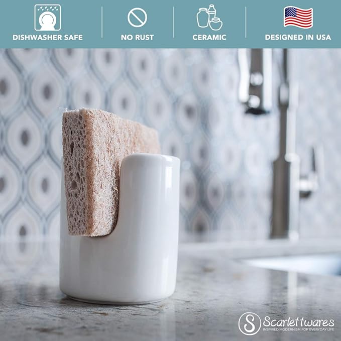 Ceramic Dish Sponge Holder for Kitchen Sink Dishwasher Safe Farmhouse Elegant Cute Sturdy