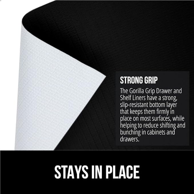 GORILLA GRIP DripGuard Shelf Liner, Non Adhesive Drawer and Kitchen Cabinet Protector, 20x240 Inch, Slip Resistant BPA Free Smooth Surface Plastic Liners for Cabinets, Bathrooms, Closets, Black