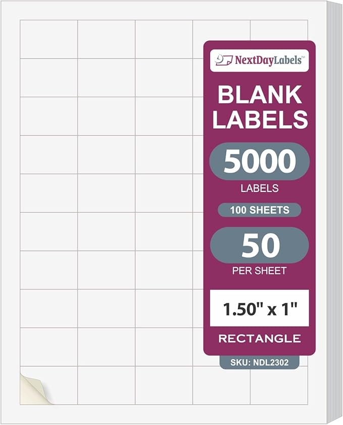 NextDayLabels 1.5x1 Inch Rectangle Stickers White Blank Labels for Laser Inkjet Printer - 50 Per Sheet Self-Adhesive Name Tags Address Barcode, Made in USA - 5000 Labels