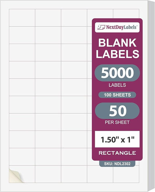 NextDayLabels 1.5x1 Inch Rectangle Stickers White Blank Labels for Laser Inkjet Printer - 50 Per Sheet Self-Adhesive Name Tags Address Barcode, Made in USA - 5000 Labels