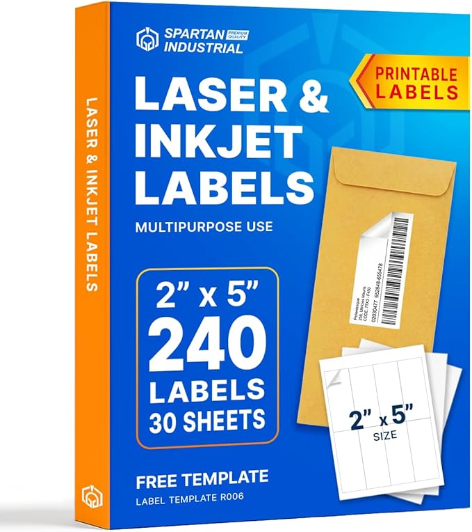 2" X 5" Matte White Printable Labels for Inkjet and Laser Printers - 30 Sheets, 240 Total Custom Stickers for Name Tags, Address Labels, Shipping and Mailing - Spartan Industrial Template R006