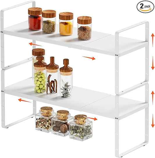 DPZM 2Pack 16.5-27’’L Expandable Cabinet Countertop Shelf Organizer, Stackable Metal Shelves, Kitchen Organizers and Storage, White Storage Spice Rack for Pantry and Cupboard
