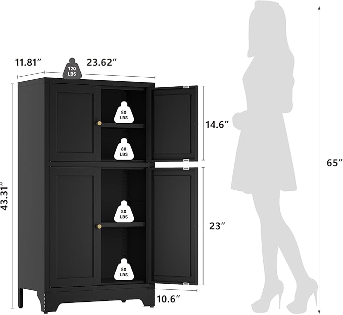 Bathroom Floor Cabinet, Metal Storage Cabinet with 2 Adjustable Shelves & 4 Doors,Freestanding Sideboard for Dining Room,Living Room, Home Office(1PC,Black)
