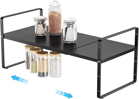 DPZM 16.5-27’’L Expandable Stackable Cabinet Shelves, Adjustable Spice Rack Cabinet Shelf Organizer for Kitchen, Countertop, Pantry and Cupboard, Black