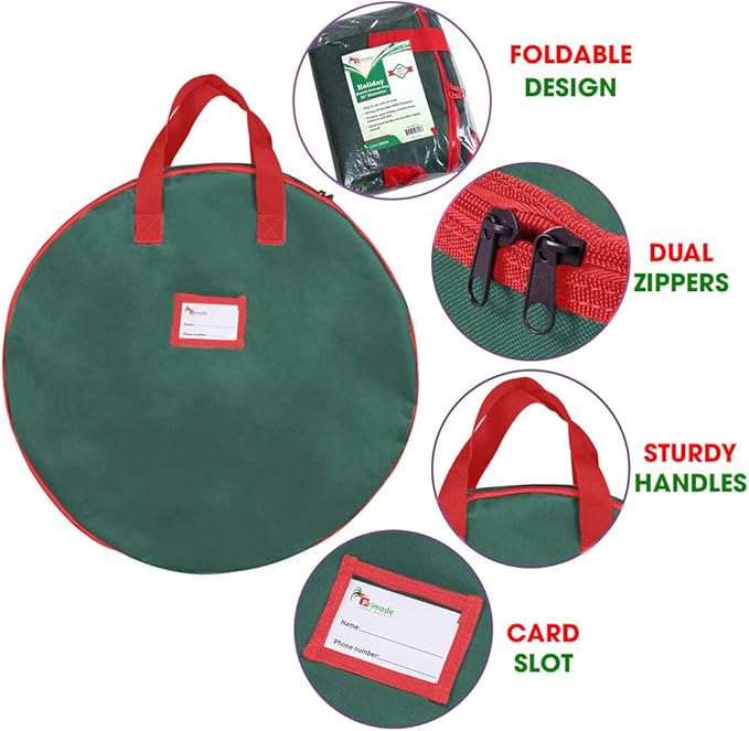 Primode Heavy Duty Christmas Wreath Storage Bag 48" - Handles Made Of Durable 600D Oxford Polyester Material Storage Bag Extra Large 48” Holiday Wreaths Container (Green)
