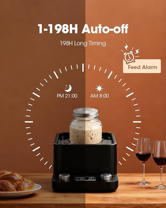 MQUPIN Sourdough Starter Warmer, Even Heating Water Bath Sourdough Warmer, 1°F Precise Thermostat (70-104°F),198H Timer, Smart Yeast Feeding Warmer for Kombucha Yoghurt Beer Fermentation (Black)