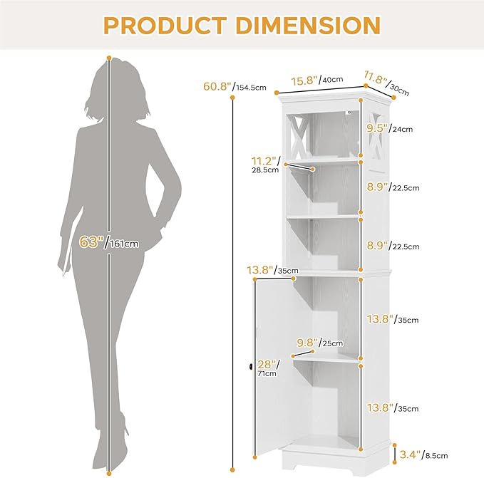 Viroformo Narrow Bathroom Storage Cabinet with Door and Open Adjustable Shelves, 60.9" H Wooden Tall Tower Corner Farmhouse Cabinet, Freestanding Organizer for Kitchen, Entryway White