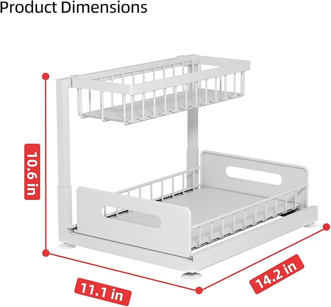 Lxmons 2-Tier Under Sink Slide Out Organizer, Pull Out Cabinet Storage Shelf with Sliding Wire Basket Drawer for Bathroom Kitchen, Countertop or Pantry Shelf, White