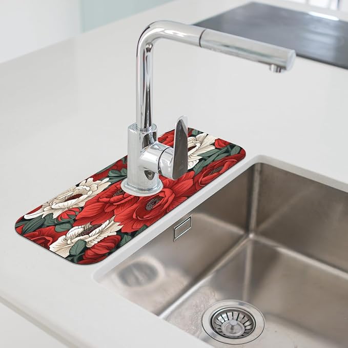 Red And White Roses Kitchen Faucet Mat Splash Guard, 15.4”x5.7” Absorbent Quick Drying Sink Mat for Countertop Protection, Draining Mat Sink Protectors For Kitchen Bathroom, 1 Pack
