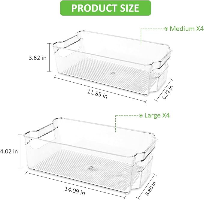 Fridge Organizer Bins Set of 8, Refrigerator Organizing Bins with Two Sizes, Home Kitchen Pantry Organizers and Storage Containers, Stackable Clear Plastic Storage Bin