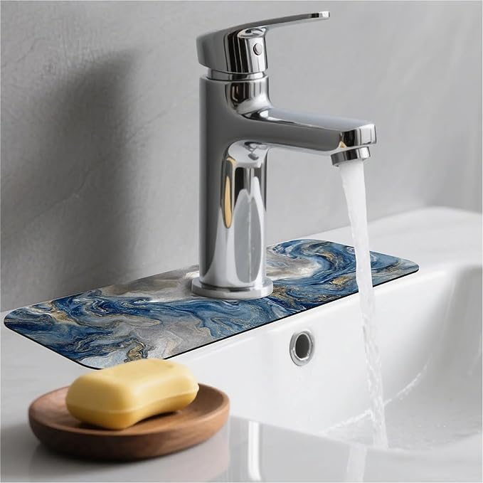 Kitchen Sink Splash Guard，Abstract blue white marble Faucet Mat Sink Gadgets-Super Absorbent Fast Drying Mat Drip Catcher for Kitchen, Bathroom,Sink Mat, Dish Drying Mat, Bathroom(15" X 5.5" )