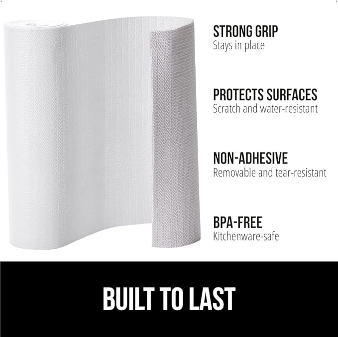 GORILLA GRIP DripGuard Shelf Liner, Non Adhesive Drawer and Kitchen Cabinet Protector, Slip Resistant BPA Free Smooth Surface Plastic Liners for Cabinets, Bathrooms, Closets, 12x120 Inch, White