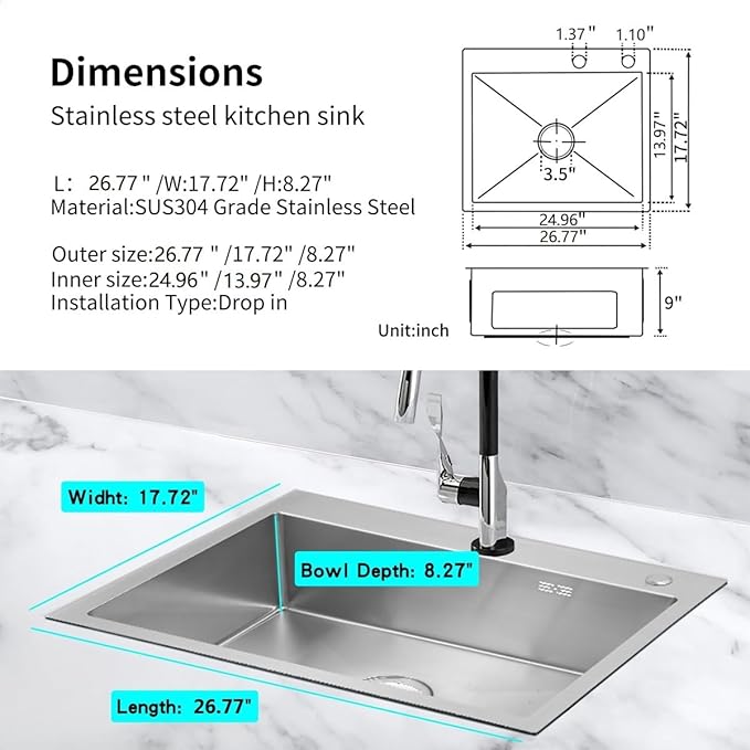 27 Inch Kitchen Sink Drop in Stainless Steel Top Mount Sink with Brushed Finish, Single Bowl Workstation Sink with Basket Strainer and Kitchen Sink Organizer, 26.8"D x 17.7"W x 8.3"H
