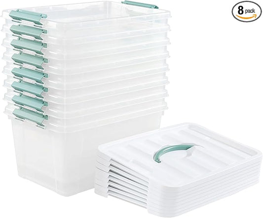 Pekky 14 Quart Plastic Lidded Storage Bins Set of 8, Clear Latching Storage Box with Handle