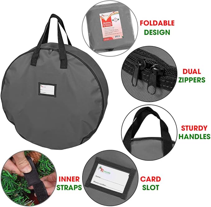 Primode Heavy Duty Wreath Storage Bag 36" | Garland Wreaths Container with Handles | Durable 600D Oxford Polyester Material Xmas Holiday Wreaths Storage Holder (Gray)