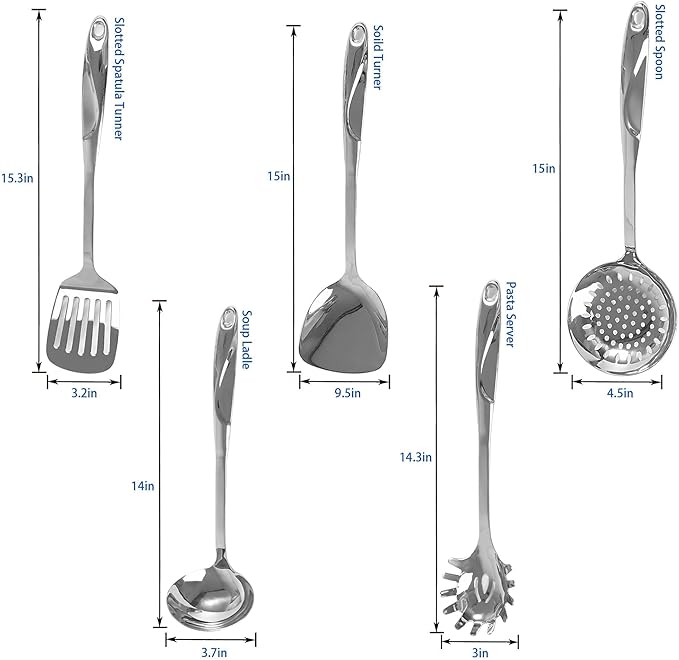 IMEEA 5-Piece Cooking Utensils Set SUS304 Stainless Steel Kitchen Utensils Set Includes Slotted Spatula, Soup Ladle, Solid Turner, Pasta Server & Skimmer