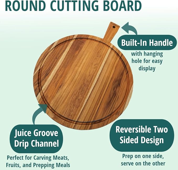 EcoDecors 18" Round Teak Cutting Board with Handle, FSC Certified Solid Wood, Edge Grain with Juice Groove, Carving Board for Kitchen & Brisket