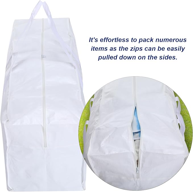 4 Pcs 66 Gallon Extra Large Moving Bags Heavy Duty Storage Bag with Strong Zipper Handle Foldable XXL Jumbo Storage Tote Packing Moving Box for College Dorm Travel Cloth Duffle (White)