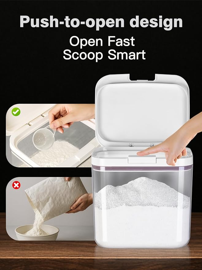 LivLab Mker Rice Dispenser 10Lbs - Flour Brown Sugar Container With One-Press Lid | Bpa-Free Clear Pet Airtight Food Container With Scoop| Stackable Cereal Storage Keeper 8x6.5x9.6in 5.5L/5.8Qt