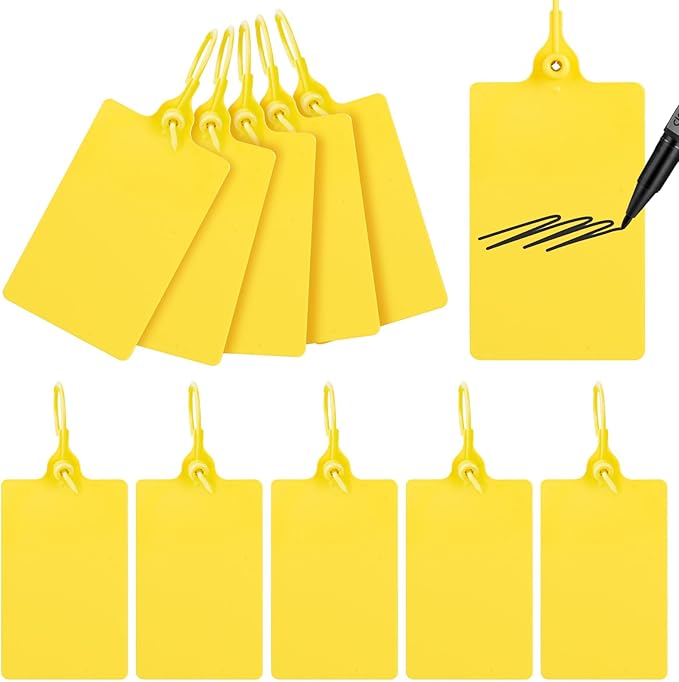 100 Plastic Tags Shipping Tags Waterproof Tags for Labeling Blank Writable Marker Ties Security Seals Storage Hanging Tags Shipping Label with One Marker Pen (Yellow)