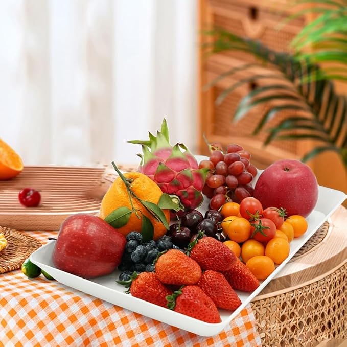 AMGBZT Serving Tray Platter, 4 Pack Food Tray for Veggie Fruit Snack Dessert Cookie Cheese, Food Trays for Party Supplies Display, Plastic Platters for Serving Food, Large White Trays, BPA Free
