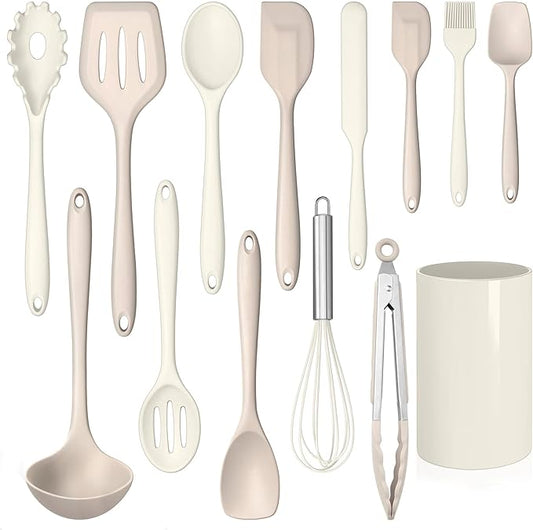 LIANYU Kitchen Utensils Set with Holder, 14 Pcs Silicone Cooking Utensils Spatula Set, Heat Resistant Cookware Tools Includes Spoon Turner Whisk Tong, Dishwasher safe, Khaki White
