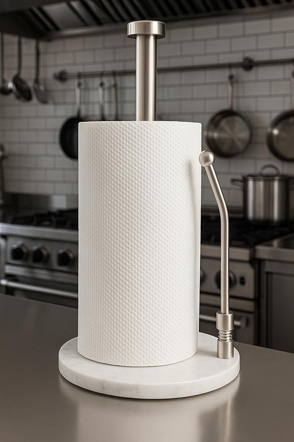 Paper Towel Holder with Marble Base – Heavy Weighted Countertop Holder, Stainless Steel Stand with Natural Stone Base, Modern Kitchen Paper Towel Dispenser
