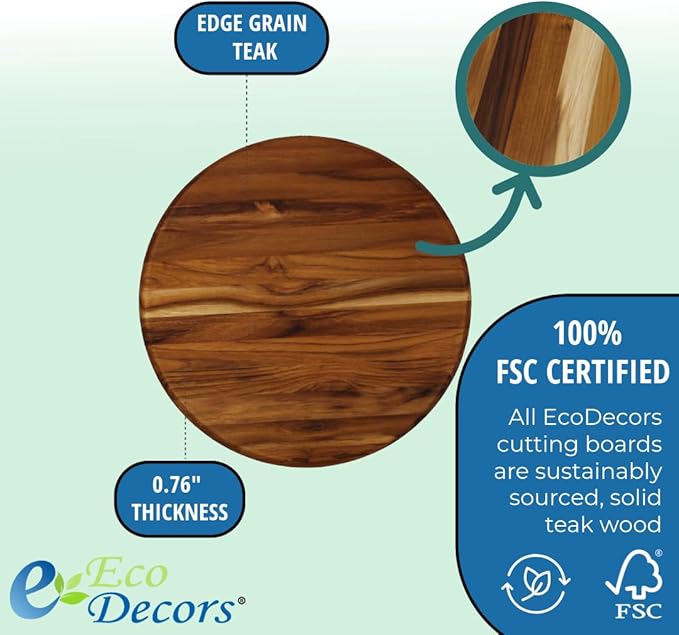 EcoDecors 12" Round Solid Teak Cutting Board, Edge Grain, FSC Certified, Large Premium Wood Carving Board for Kitchen