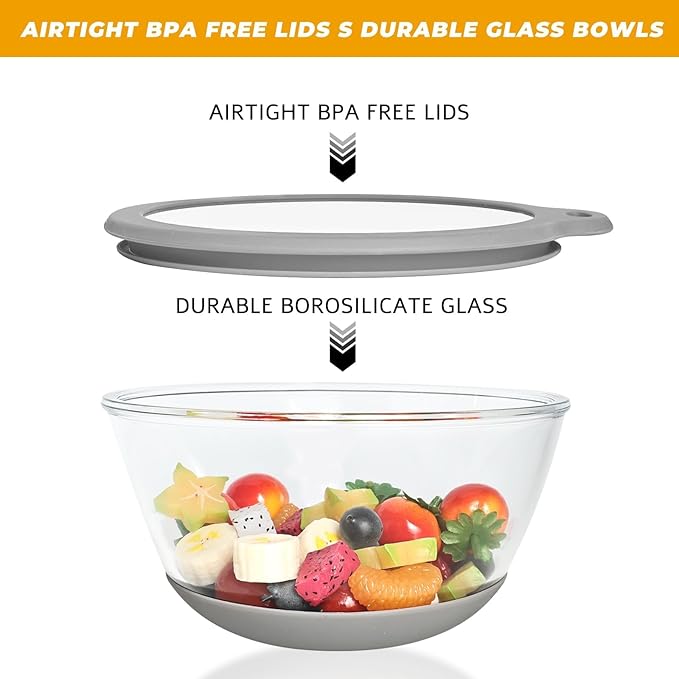 Mrs. Chou Glass Mixing Bowls HEAVY DUTY Top Choice for High-end Kitchens Extra-thick Glass Mixing Bowl Set of 3 with BPA-Free Airtight Lids Large Nesting Bowls with Non-Slip Silicone Base Well-made