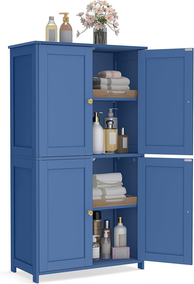 VASAGLE Floor Storage Cabinet, Shaker Cabinet with 2 Adjustable Shelves, 4 Doors, Tall Freestanding Organizer Unit, for Kitchen Bathroom Living Room, Bijou Blue UBBC553QE01S