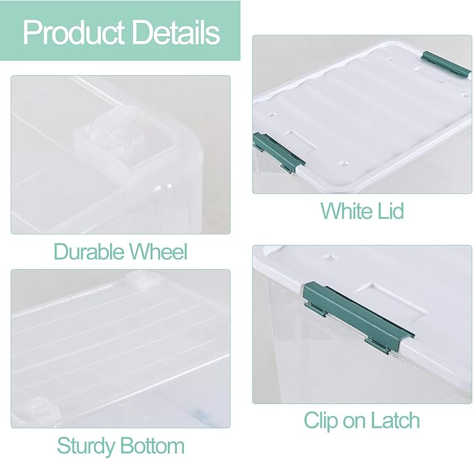 85 Quart Plastic Storage Bin with Wheels, Extra Large Clear Latching Container Box, 4 Pack