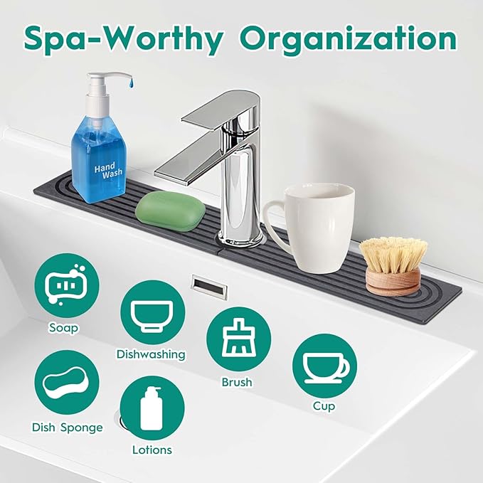 24 Inch Stone Faucet Mat for Kitchen Sink,Quick Dry Stone Mat Kitchen-Sink Water Splash Guard,Diatomite Protector with Super Absorbent&Leak Proof Circular for Kitchen Bathroom Counter(Dark Grey）